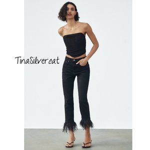Zara Black High Rise Feathered Slim Jeans NWT